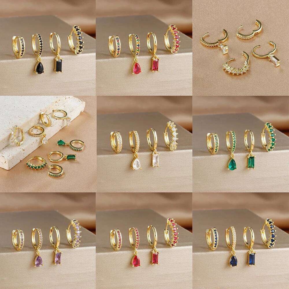 4PCS Colorful Cubic Zirconia Stainless Steel Hoop Earrings Set for Women Pendant Water Drop Earring Cartilage Piercing Jewelry