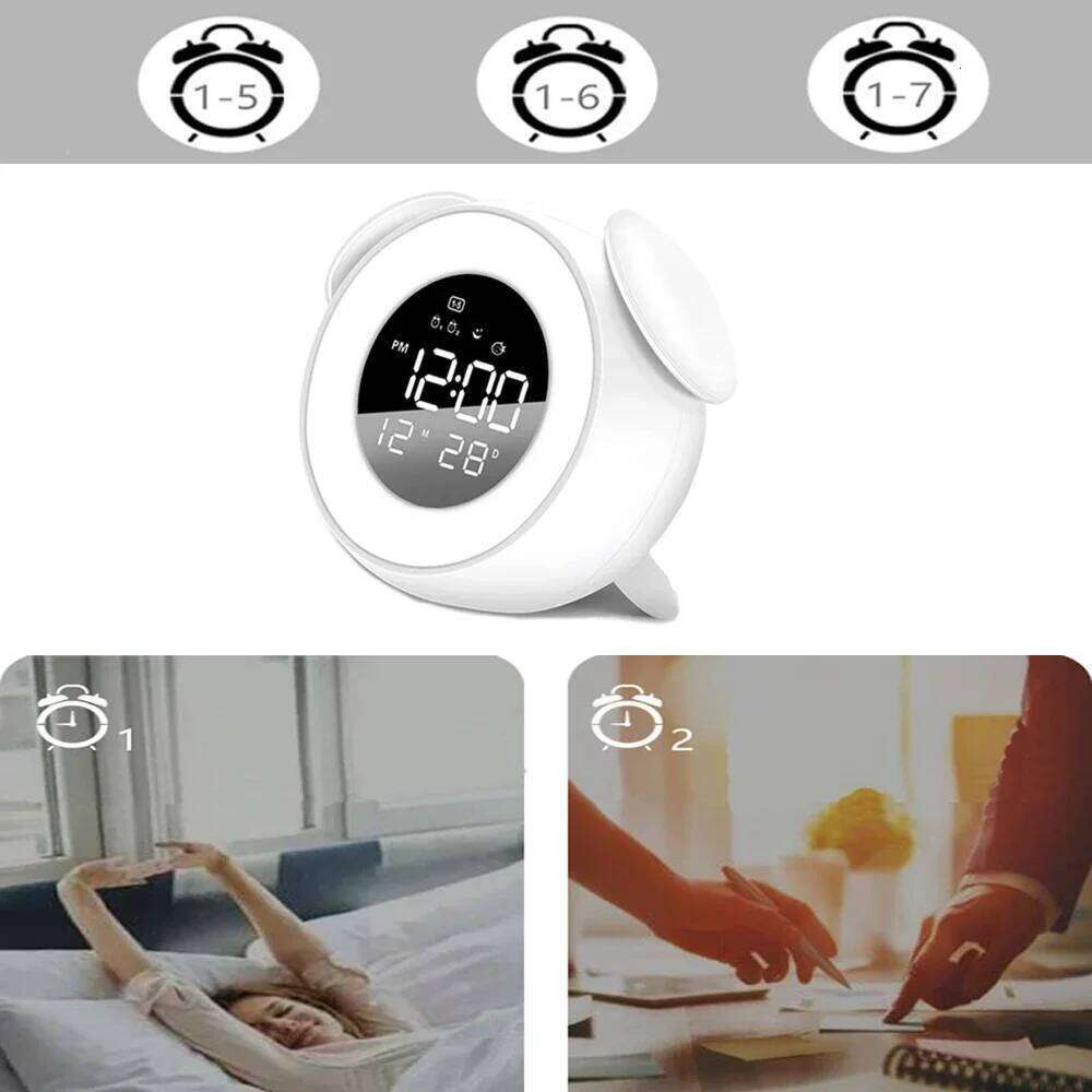 Bedside Sunrise Sunset Wake Up Light Digital Led Music Alarm Mirror Bedroom Desk Calendar Snooze Clock Table Phone Charger W260130