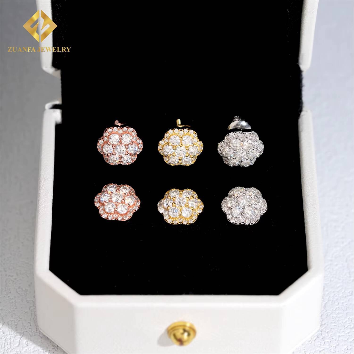 Hot Sale Full Moissanite Diamond Hoop Earrings Iced Out Moissanite Flower Cluster Moissanite Earrings Screw Back