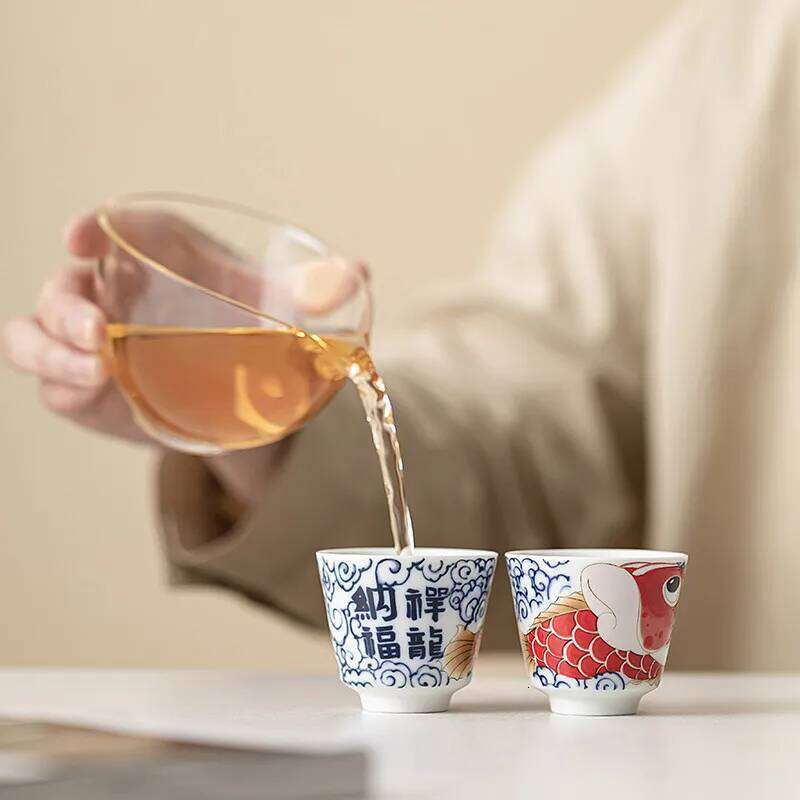 1 Pc Chinese Vintage Porcelain Handmade Dragon Fish Ceramic Teacup Household Tea Bowl Teaware Personal Meditation Cup