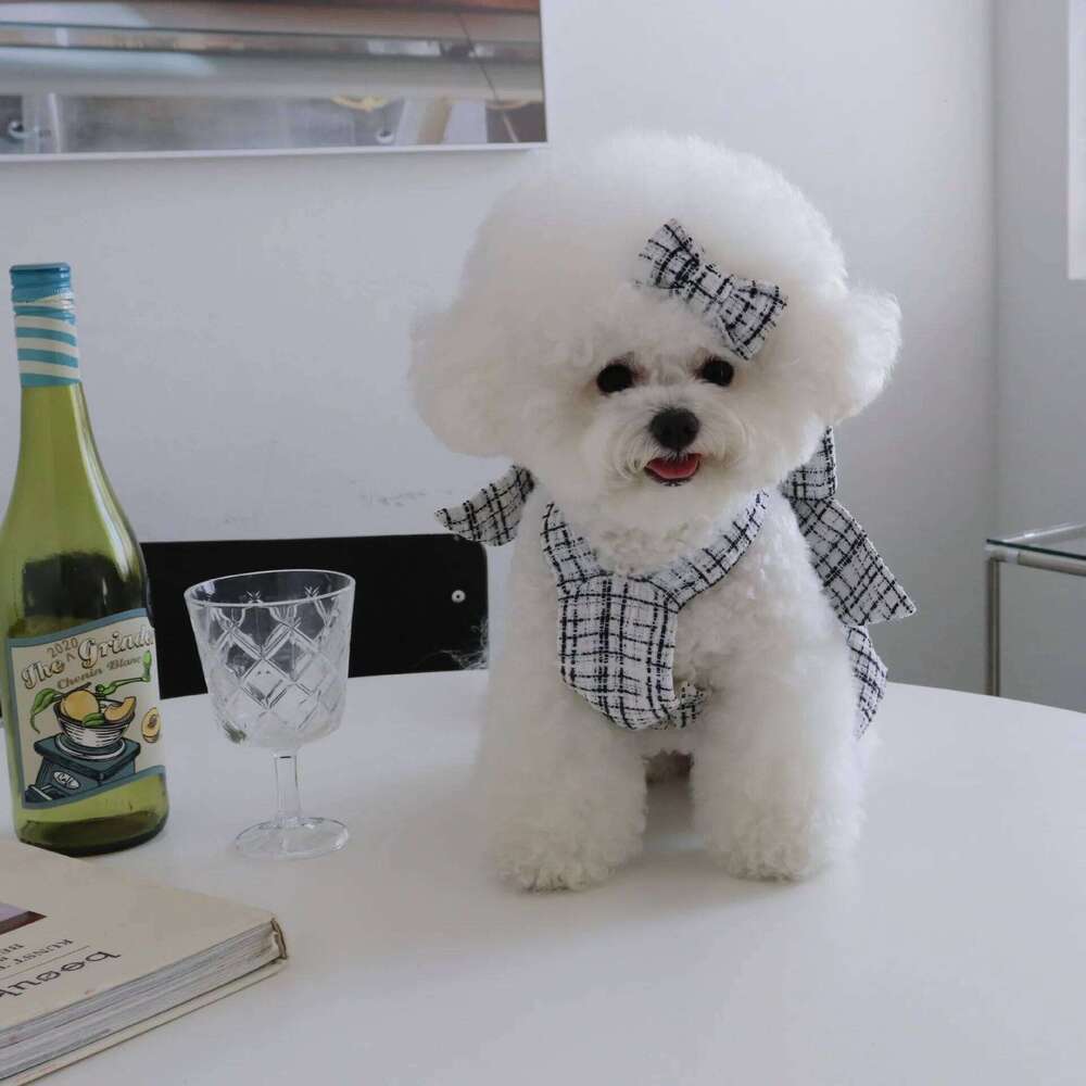 INS Winter Fashion Black and White Chunky Braided Bow Halter Dress Cat Party Outfit Dog Dresses Give Hair Clips H260130