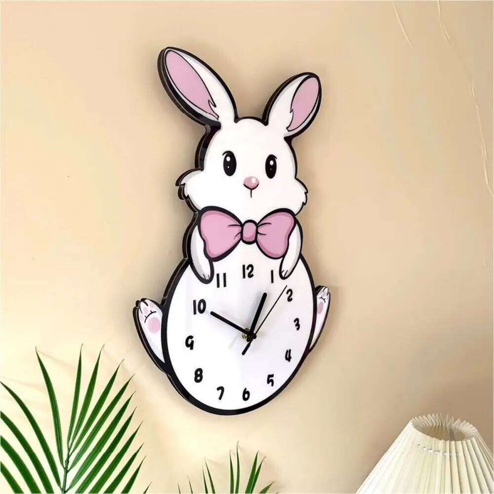 Creative Cute Little White Rabbit Hanging Decorative Cartoon Silent Digital Wall Clock Kids Room W260130
