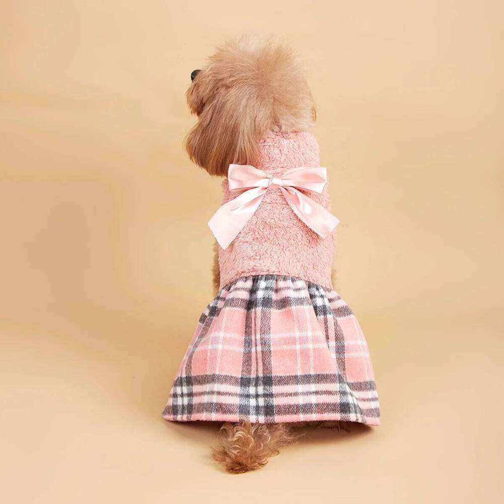 Dog Dress Small Warm Costume Plaid Printed Puppy with Doggie Pet Clothes Bowknot Apparel for Dogs Cats Daily Wear H260129
