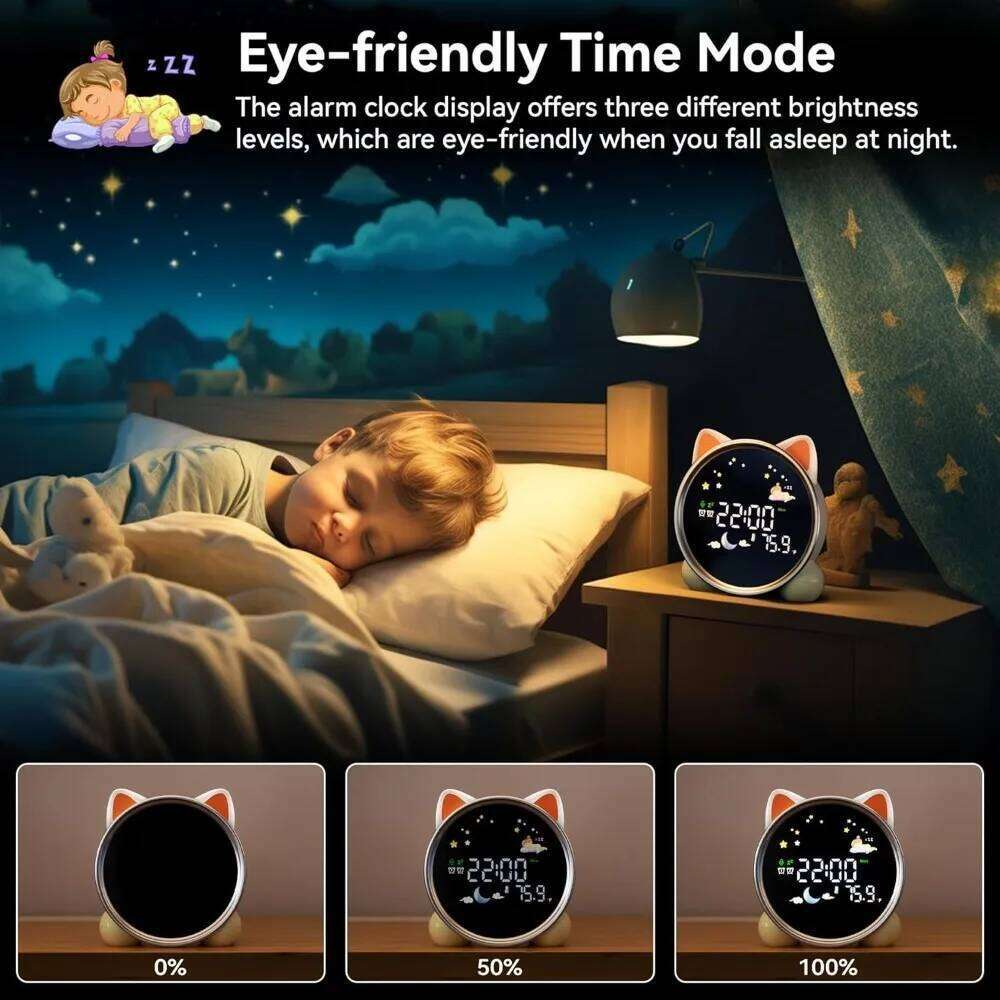 Kids Alarm Clock Ready Rise Children's Sleep Trainer Night Light Sound Machine Cute Cat Design Fun to Wake for Toddlers Gift W260130