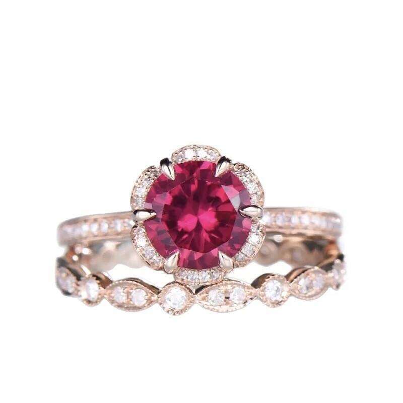 Luxury and round red cubic zirconia chic engagement wedding double ring fashionable women's jewelry XJ260130