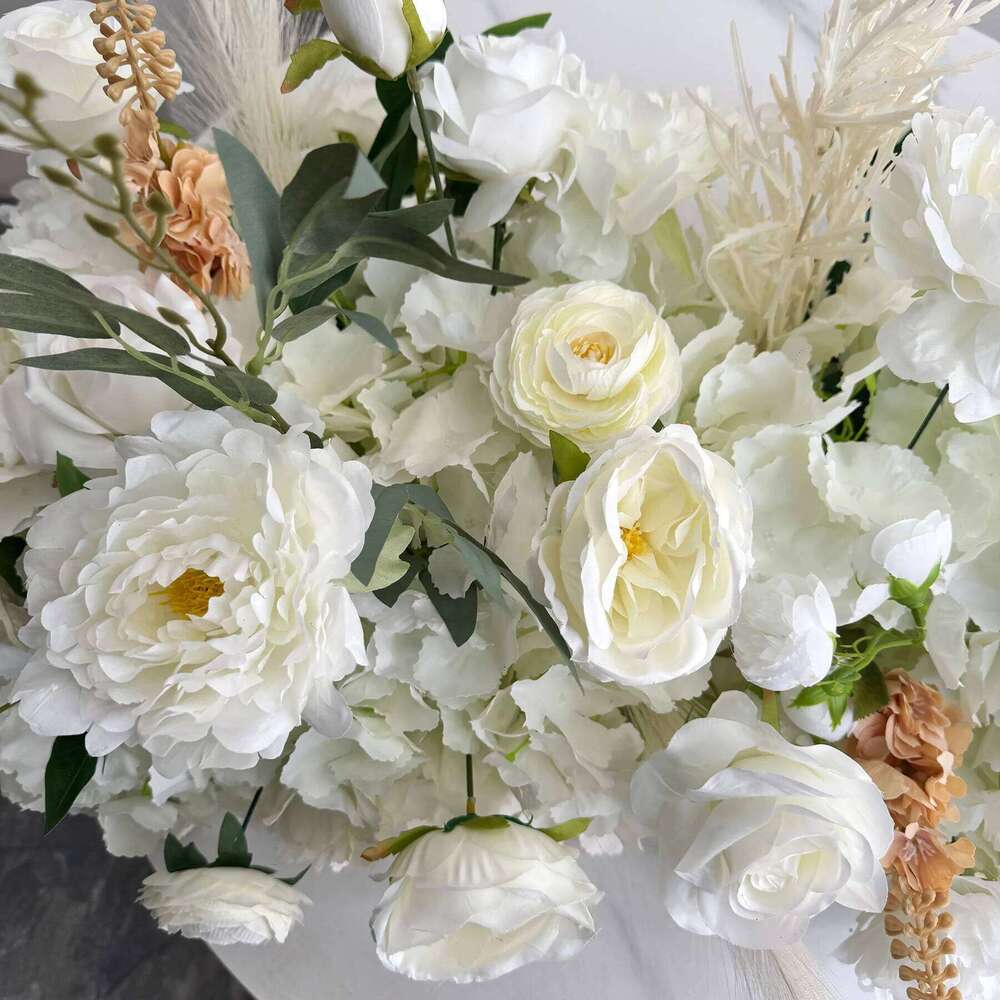 Uflower 100/200cm White Rose Green Leaf Artificial Long Runner Row Flower Wall Wedding Backdrop Decor Event Party Props W260130