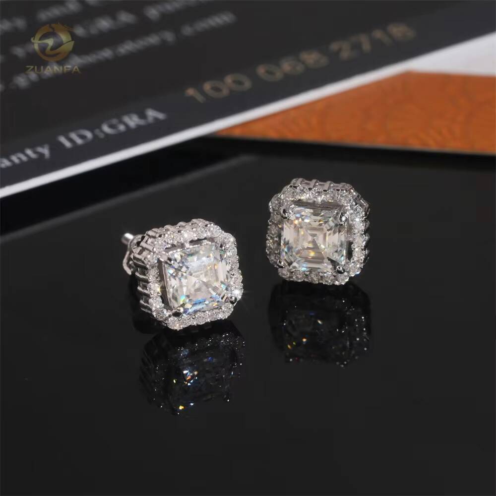 Wholesale Price Hip Hop Halo Asscher Cut Gemstones VVS Moissanite Silver Men Gold Plated Earrings