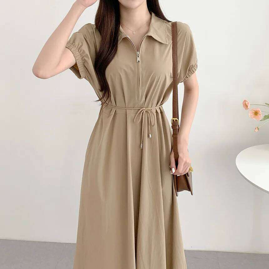 REALEFT Vintage Zipper Women's Shirt 2025 New Short Sleeve Lace-up Turn-down Collar Solid Casual Straight Loose Dresses XJ260130