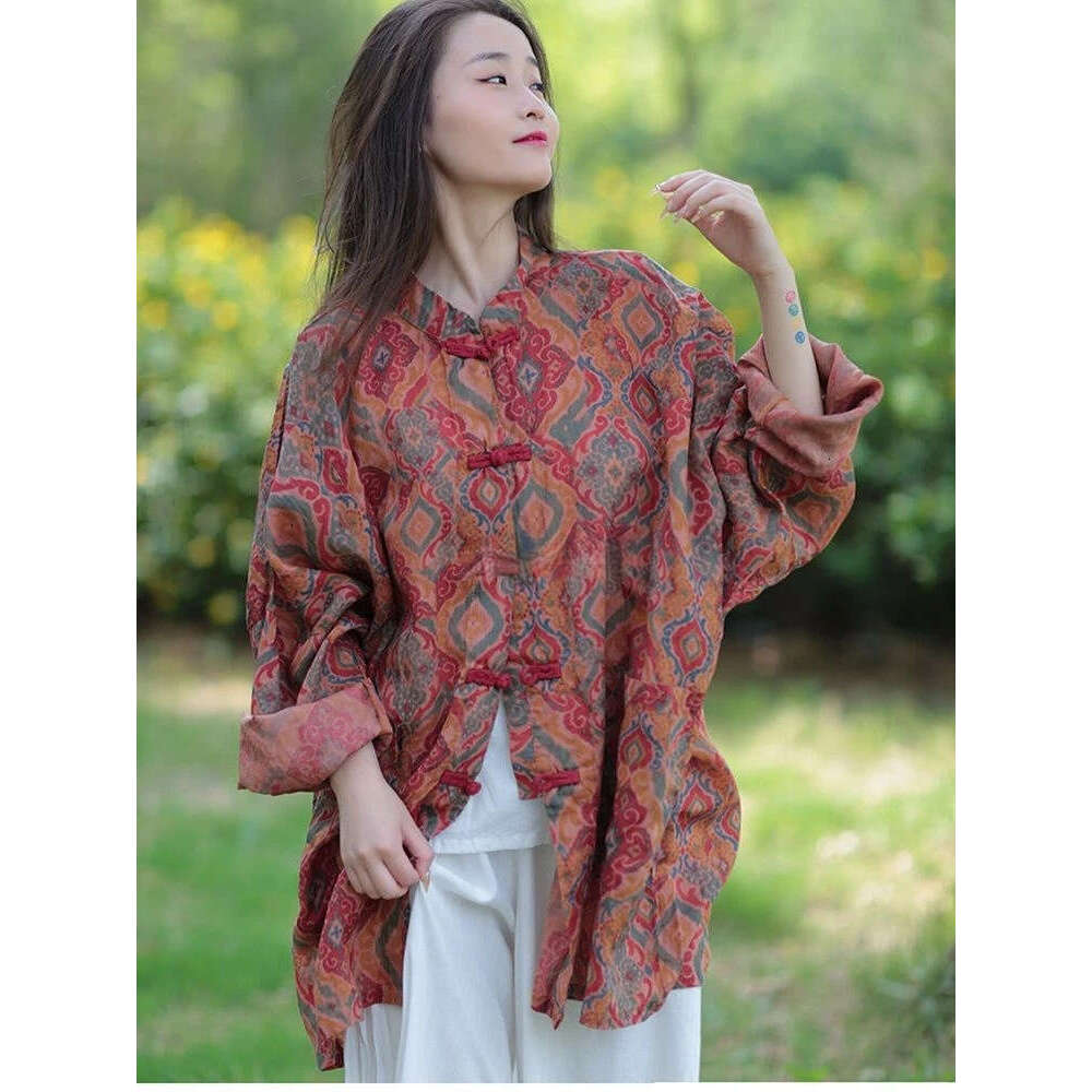 Mardi Hefxessdr cotton linen women printing tang suit chinese style loose national stand collar long sleeve cheongsam button retro top coat