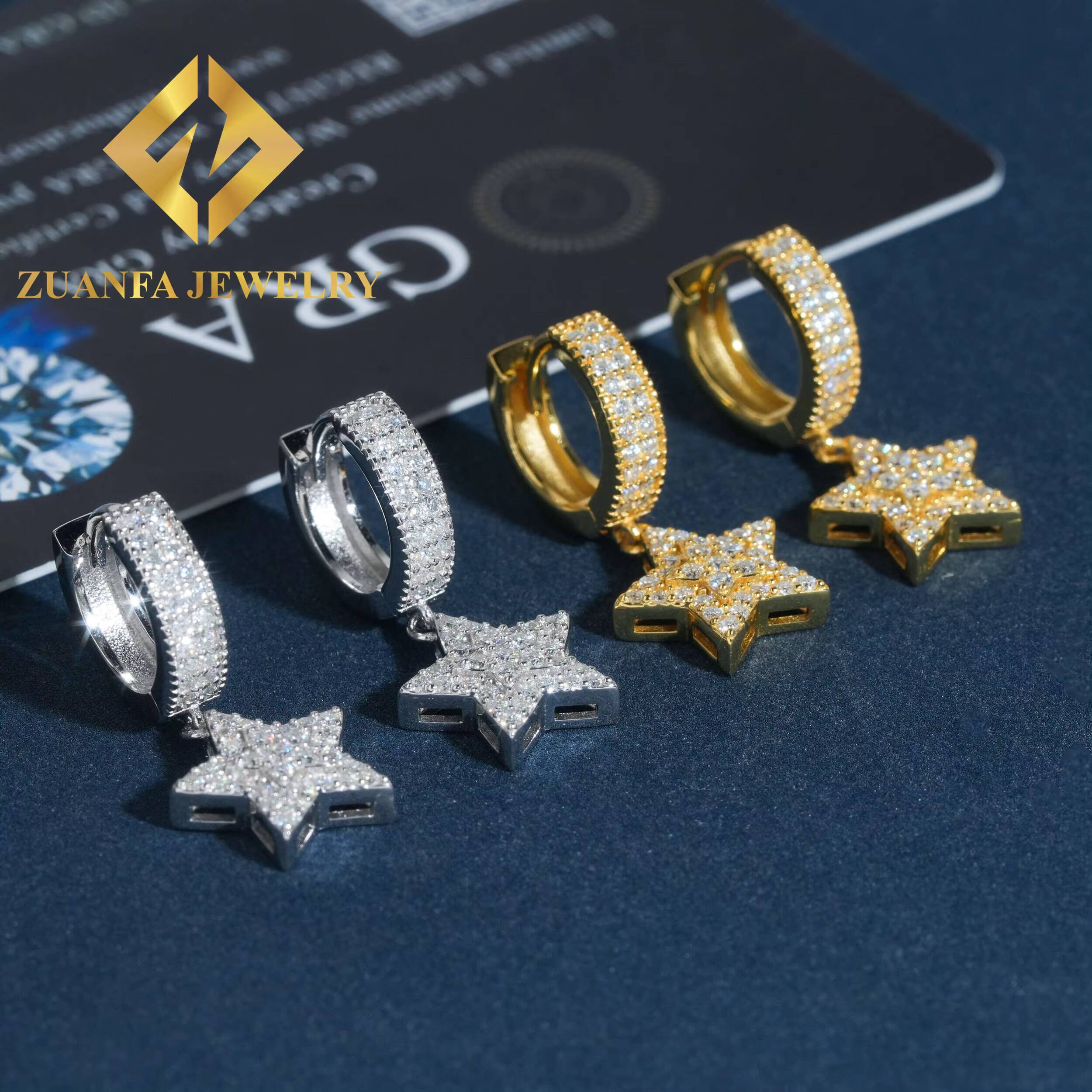 925 Sterling Silver VVS Moissanite Five-pointed Star Hoops Hip Hop Fashion Cross Design Hoop Earring for Women Men