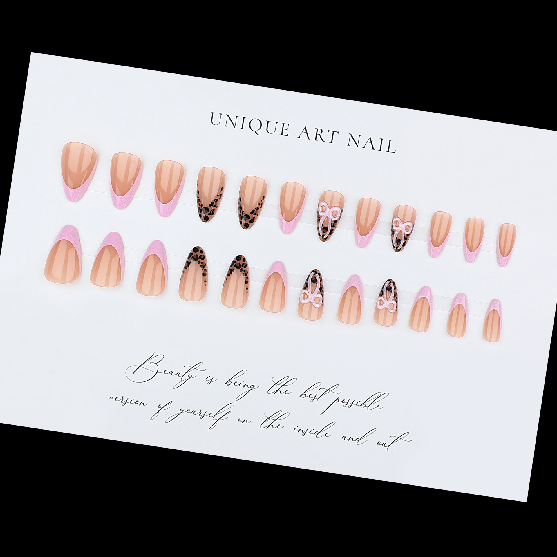 Cross-Border Hot Sale Light Pink Sweet Cool 3D Bow Leopard Print French Style Personalized Detachable Wearable Nail 24 Pieces