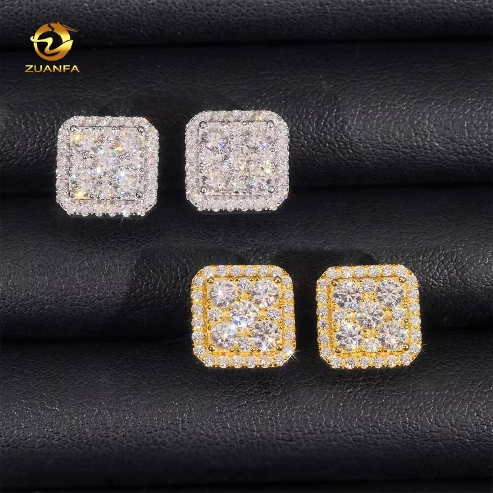 Hip Hop Luxury High Quality VVS Diamond Square Iced Out Mens 925 Silver Moissanite Earrings