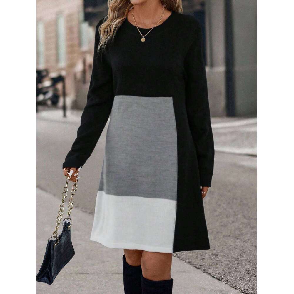 Colorblock Round Dress, Casual Long Sleeve Crew Neck Dress Fall & Winter, Women's Clothing for Daily Wear XJ260130