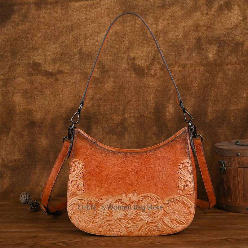 New Retro Embossed Shoulder Bags Genuine Leather Women S Bag Versatile Cowhide Handmade Handbag KABAHEBINGJUE