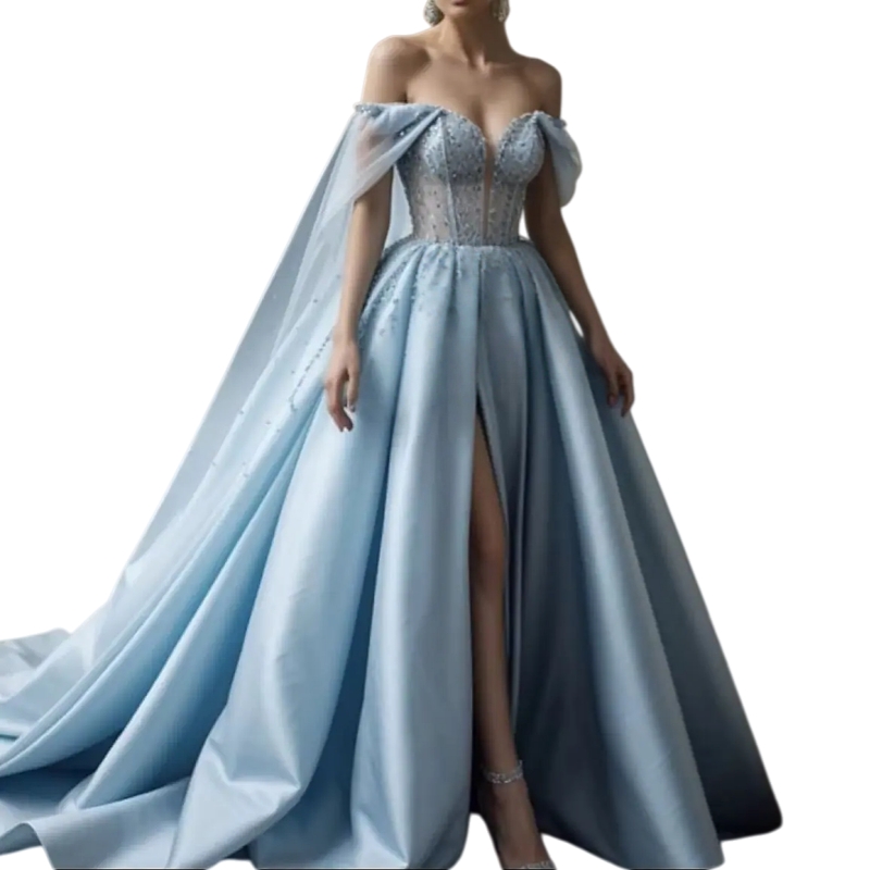 Elegant Light Sky Blue Satin Evening Dresses With Cape Wrap Off-Shoulder Front Slit A-Line Long Chic Formal Gowns Appliques Beaded Prom Dress 2026