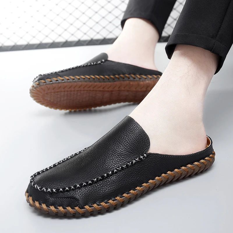 Men Slippers Genuine Leather Loafers Moccasins Outdoor Non-slip Black Casual Slides Summer Spring Fashion Shoes Plus Size 38 260124