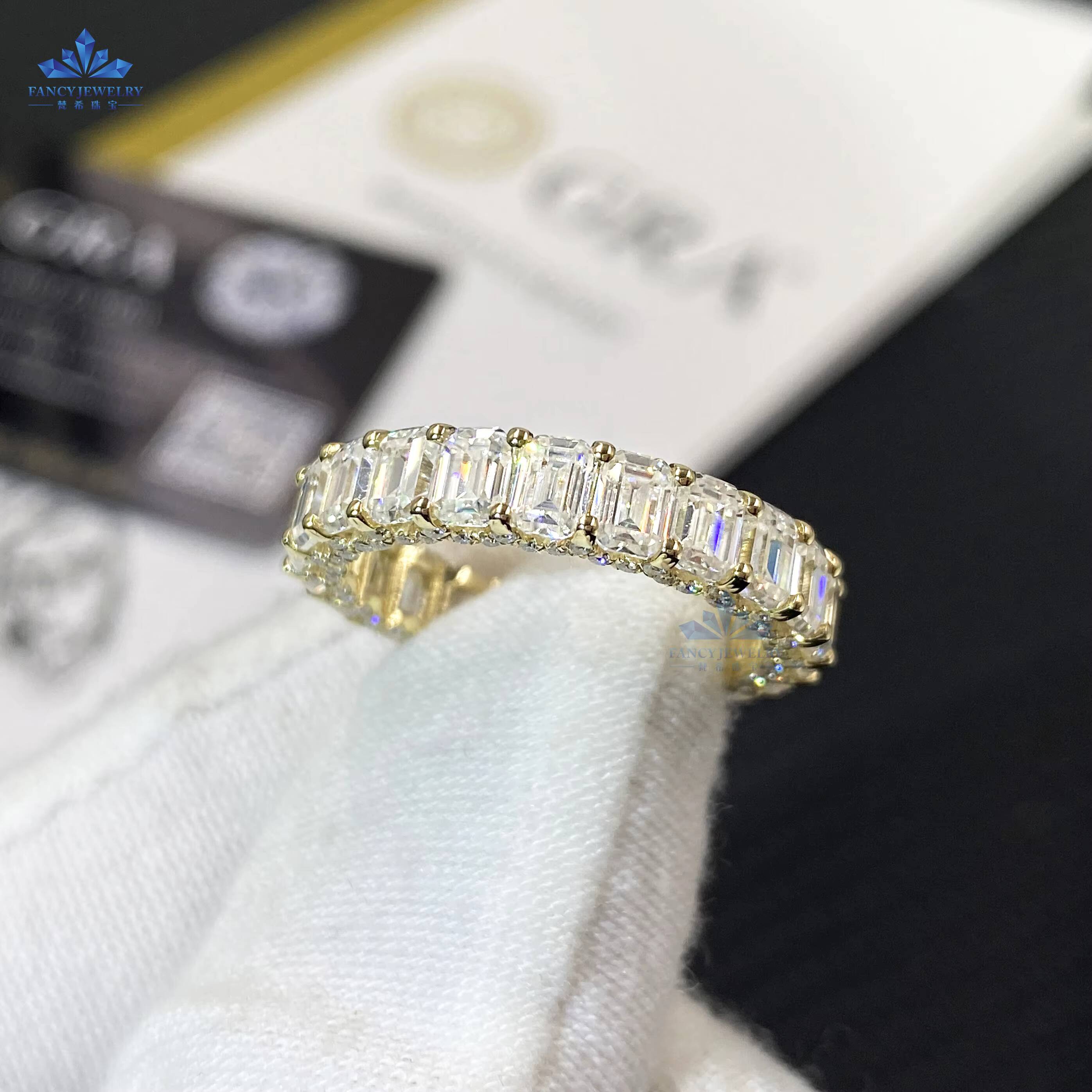 Fine Jewelry 14K Solid Yellow Gold Moissanite Rings Ice Out Women Men Emerald Cut 3x4MM Moissanite Engagement Eternity Rings