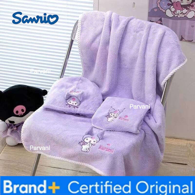 Sanrio Cute Kuromi Anime Cartoon, Adorable Kawaii Student Towels, Absorbent, Quick-Dry, Lint-Free Bath Towel and Cap Set H260130