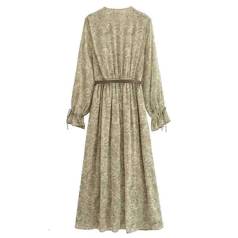 Dresses 2025 New Spring Chiffon Print V-neck Chic Slim Long Fashion Elegant Holiday Street Women's Dress XJ260130