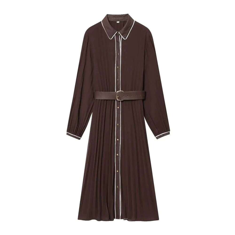 2025 Spring Autumn Women's Elegant Brown Shirt-style Midi Dresses Belt Lady Vintage Lapels Long Sleeve Pleated Buttons Maxi Robe XJ260130