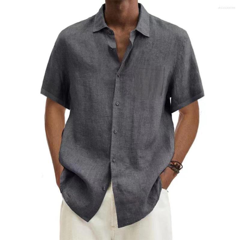 Men's Casual Shirts Men Cotton Linen Short-Sleeved Summer Solid Color Turn-down Collar Beach Style Plus Size Tops