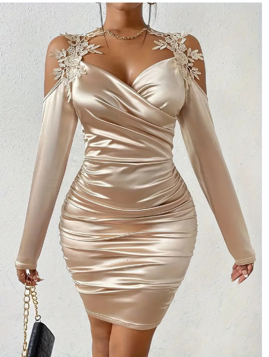 Luxury Brand Designer Clothes 2025 European And American Spring And Autumn New Satin Elegant Lace Bodycon Dress Ruched Dress