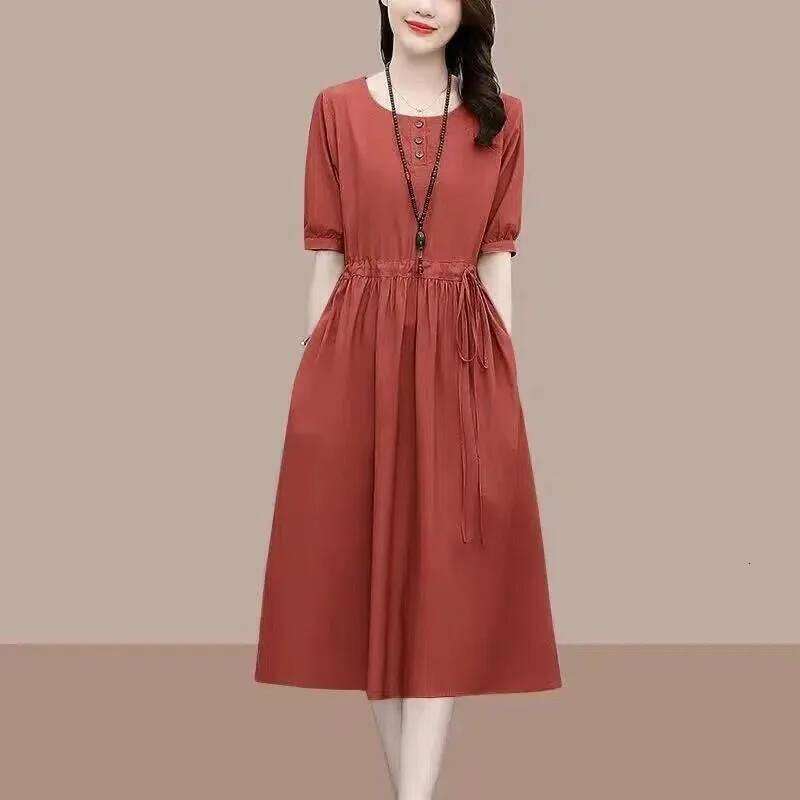 Summer Solid O Neck Pocket Drawstring Midi Dress Women Fashion 2022 Korean Elegant Cotton Linen Casual Loose Comfortable Dresses XJ260130