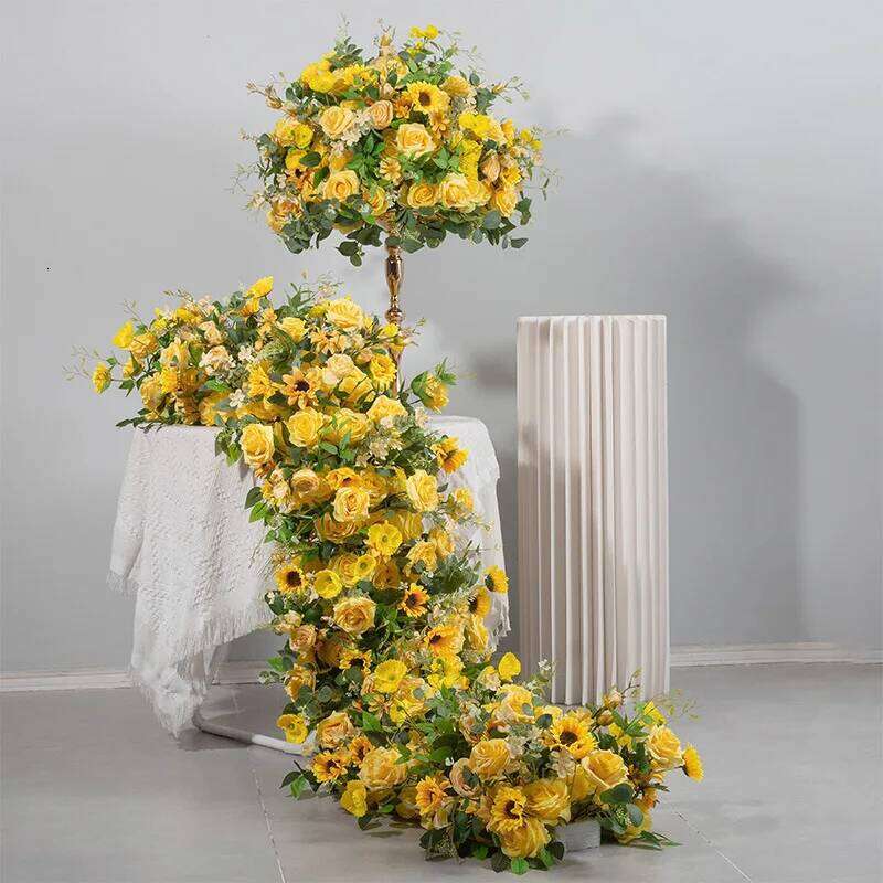 Yellow Rose sunflower green leaf Artificial Large Ball Flower Row Runner Wedding Backdrop Decoar Event Party Props W260130