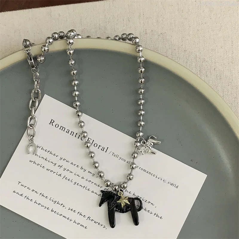 Minar Funny White Black Rose Red Color Enamel Colt Horse Pendant Necklaces For Women Silver Plated Alloy Beads Chain Chokers