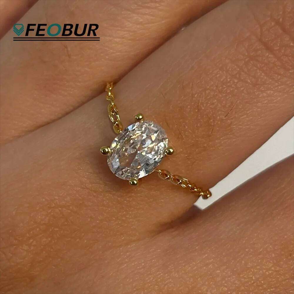 FEOBUR 1CT Certified Moissanite Chain Ring for Women Oval Pear Cut Lab Diamond Adjustable Rings 925 Sterling Silver Fine Jewelry XJ260130