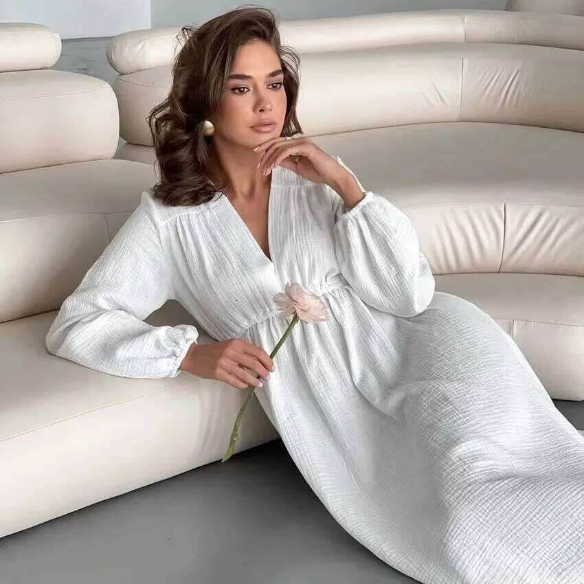 Elegant 100% Cotton Long Sleeve V-Neck High Waist Evening Party Dress Women Robe Girl White Midi Dresses Mori Look XJ260130