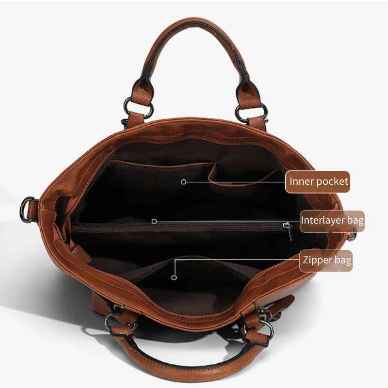 Retro Soft Leather Tote Handbag for Women, One Shoulder, Crossbody, Multi Pocket Divider, Briefcase, Adjustable Shoulder Straps Z260130