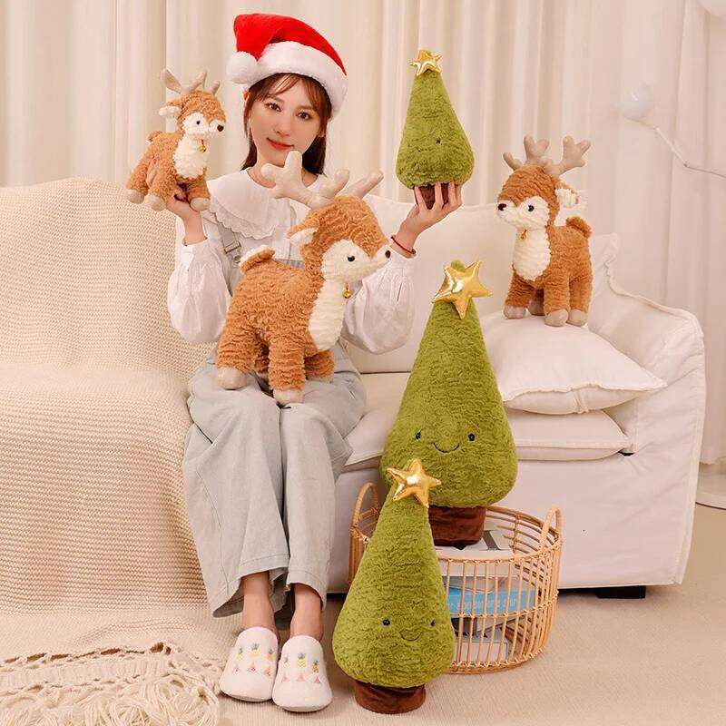 New Kawaii Christmas Tree & Elk Plush Dolls Stuffed Soft Plant Toys Sika Deer For Kids Family Xmas Decoration Gift Y260128
