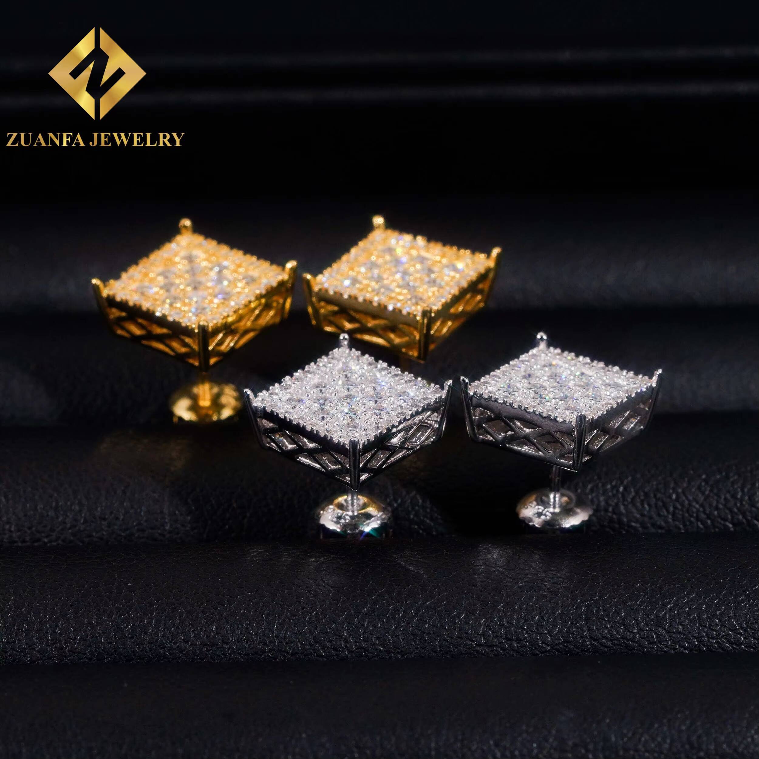 Square Iced Out Stud Earrings 925 Sterling Silver VVS Moissanite Earring Gold and Silver Stud Earring