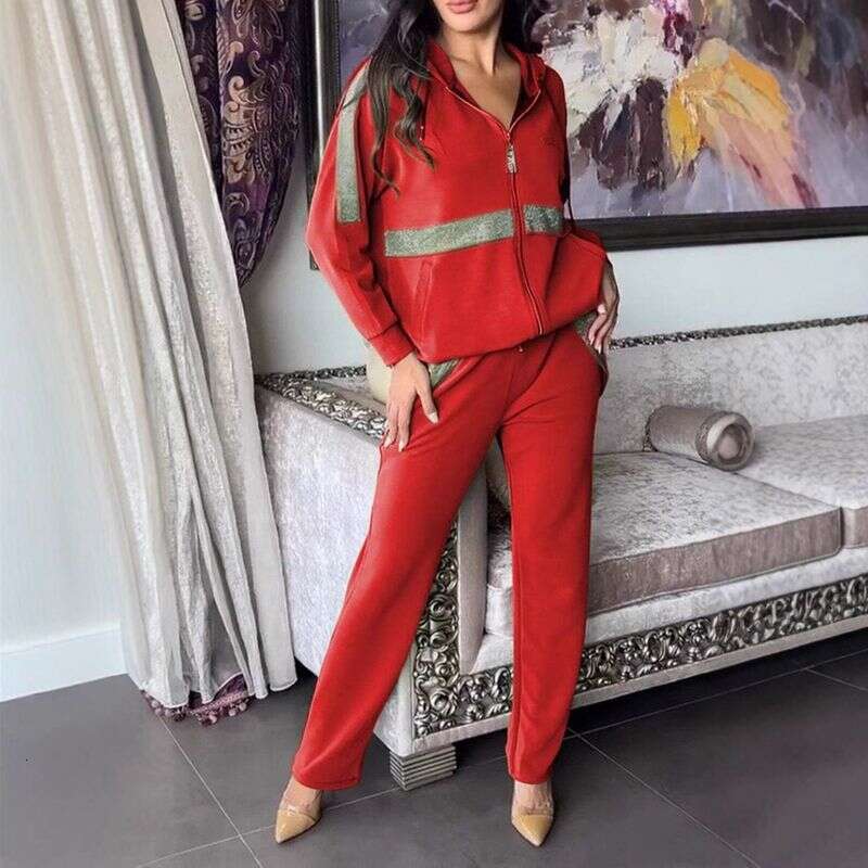 Women Sport Leisure Suit Fall Fashion Diamonds Patchwork Piece Sets Casual Zipper Hooded Sweatshirt Coat Long Pants Women Outfit Winter Sportswear Sui