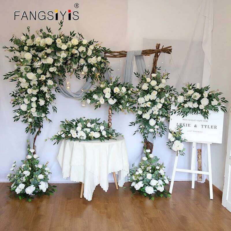 white Rose Green Leaf Artificial Row Wedding Backdrop Wall Deco Hanging Corner Flower Party Centerpiece Table Floral deco W260130