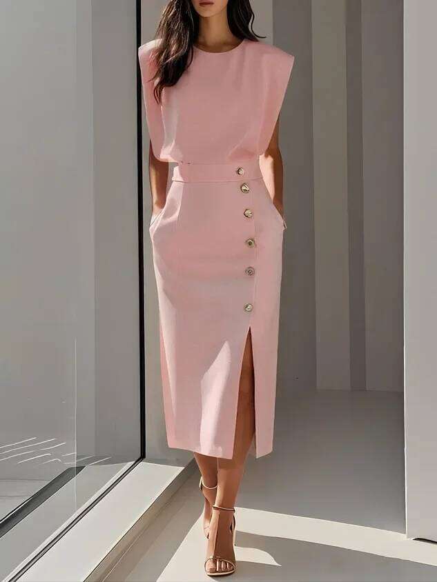 Fashion Women's Tank Elegant Single Breasted Solid Casual Trend Pockets Straight Midi Dress for Women 2025 XJ260130