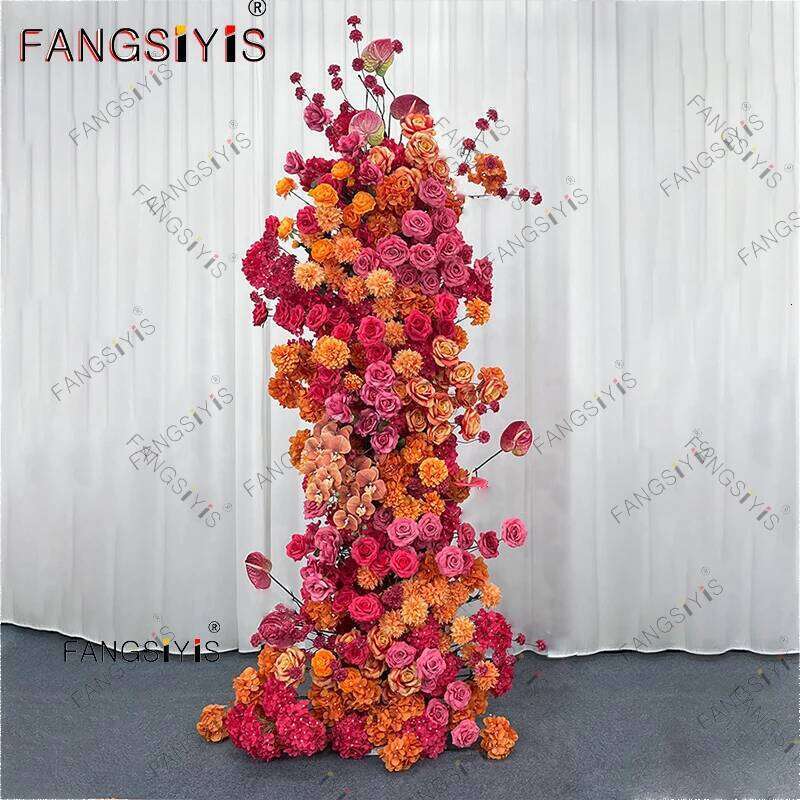 Wedding Backdrop Arch Flower Runner,orange-red,Hydrangea,Rose,KT Board Decor Floral Row Arrangement,Event Party Props Display Y260130