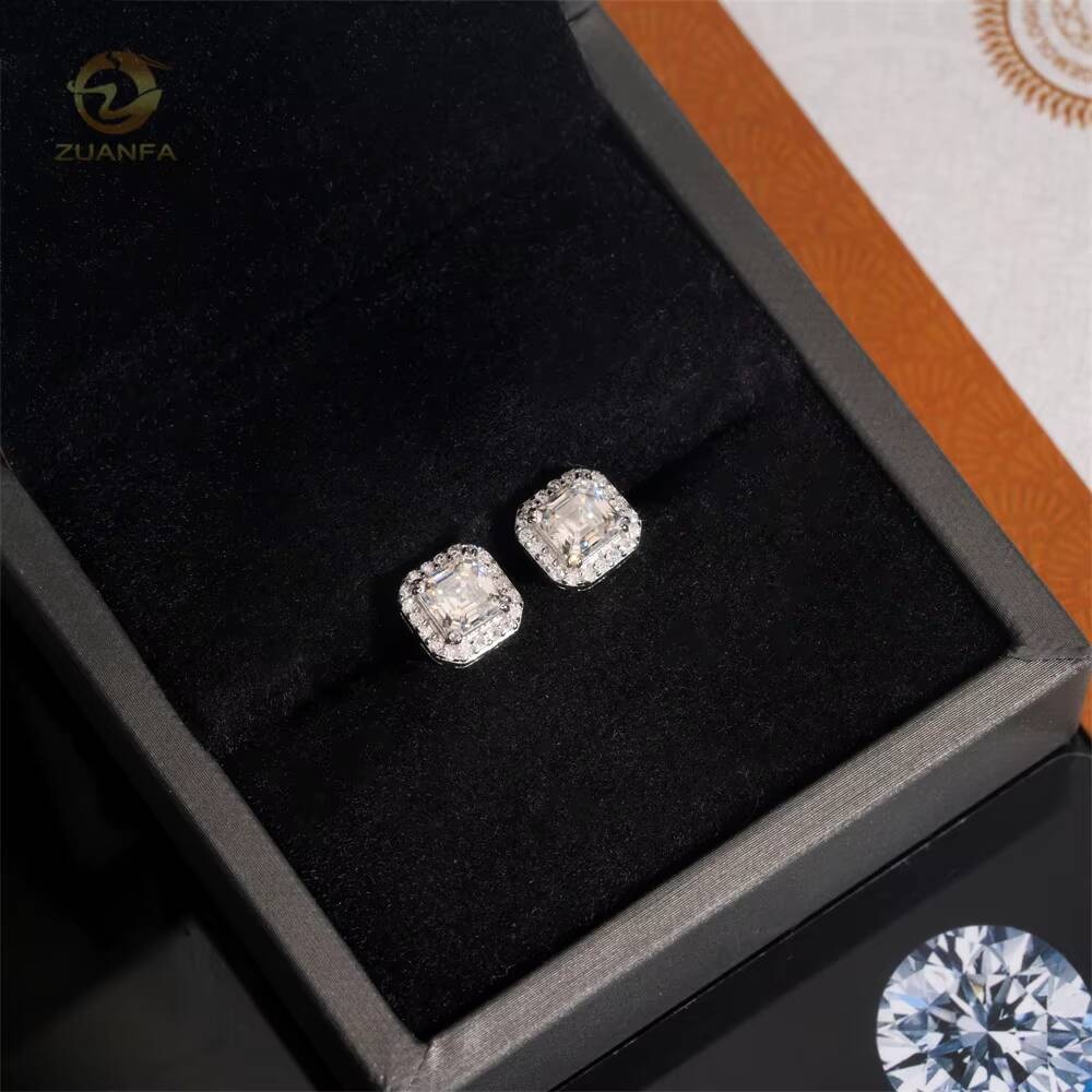 Luxury Halo Design Asscher Cut Stud 925 Sterling Silver Mens Hip Hop VVS Moissanite Earrings