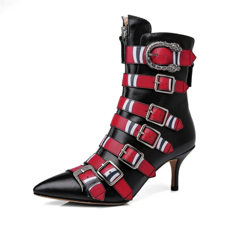 Brand Fashion Show Genuine Leather Women's Short Boots Belt Buckle Pointed High Heels Fashion European American Woman Shoe, kitten heel, zipper, 