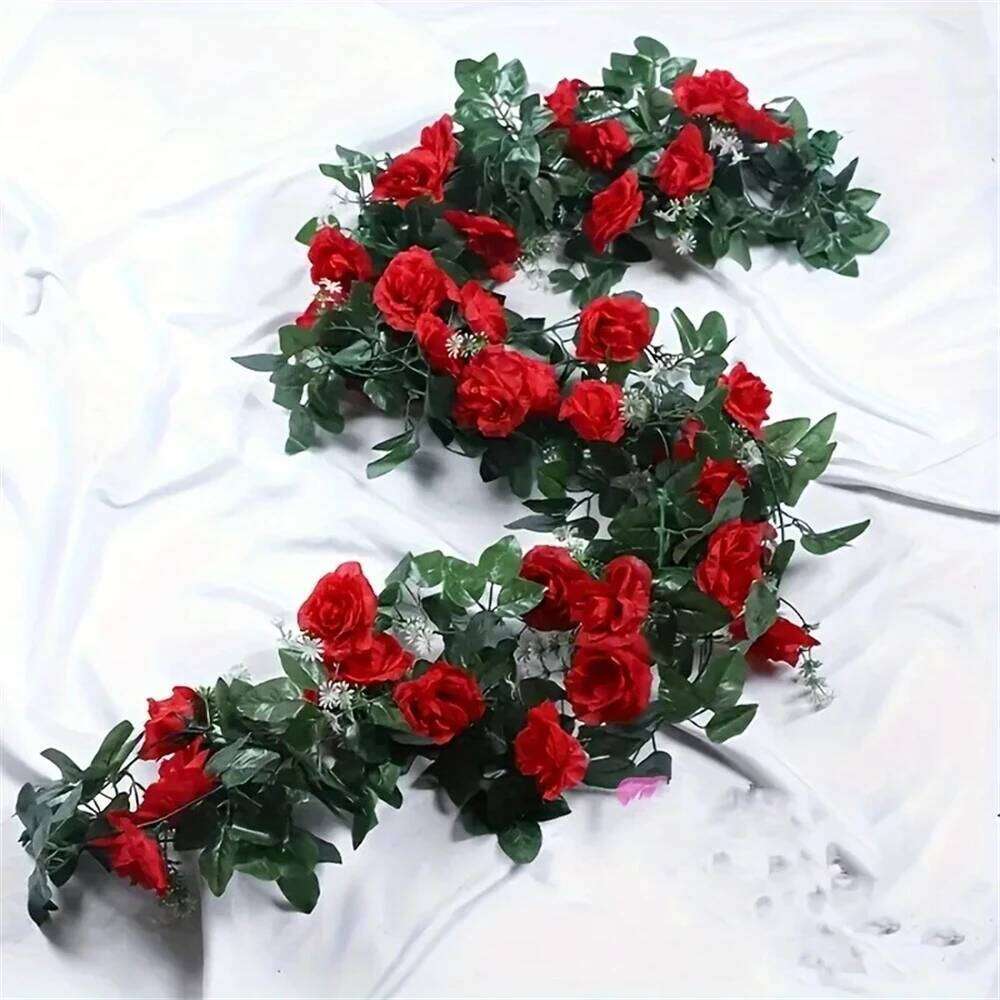 2.2M Artificial Rose Vine with 10 Blooms White pink Faux Floral Hanging Decor for Wedding Indoor Durable Plastic Plant W260130