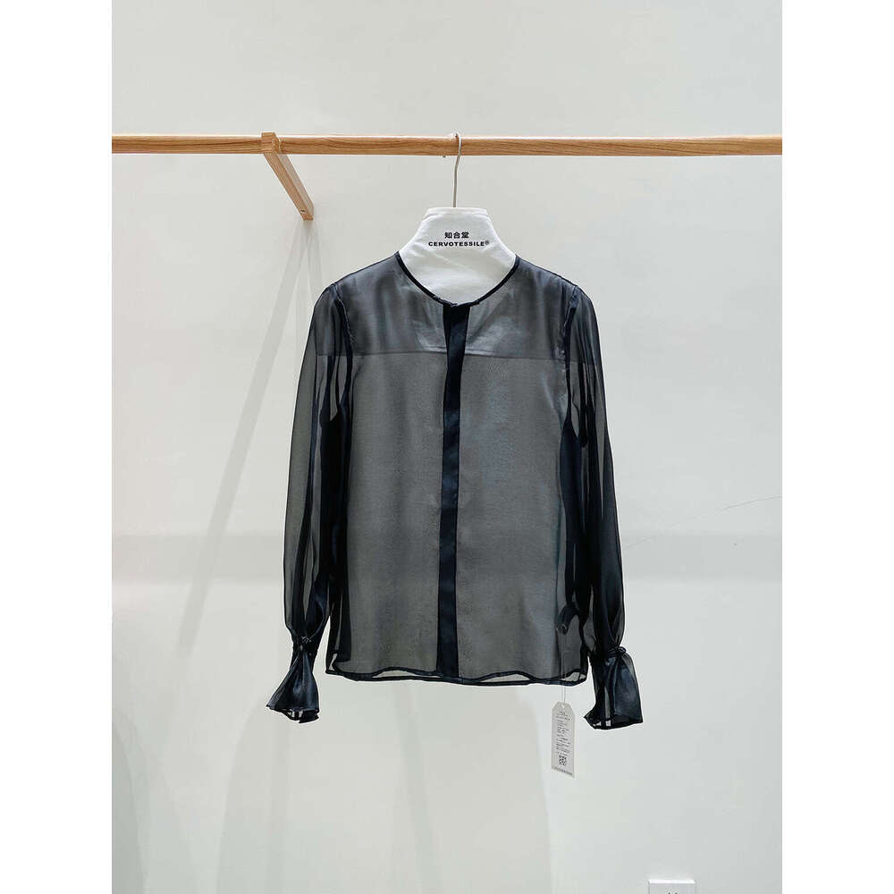 Zhihetang New Chinese Light National Style Soft Gauze Round Neck Long Sleeve Women's Autumn High-End Versatile Top LEEGO LENS