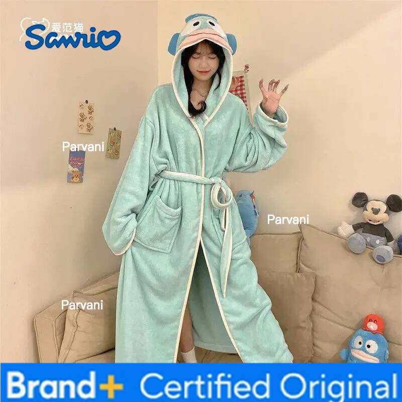 Sanrio Anime Cinnamoroll Kuromi Woman Thicke Pajamas Mid-Length Nightgown Flange Plush Bathrobe Absorbing Quick-Drying Homewear Yukata H260130