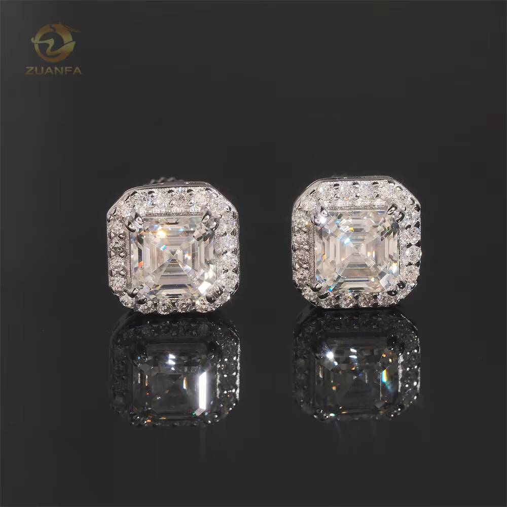 Luxury Halo Design Asscher Cut Stud 925 Sterling Silver Mens Hip Hop VVS Moissanite Earrings