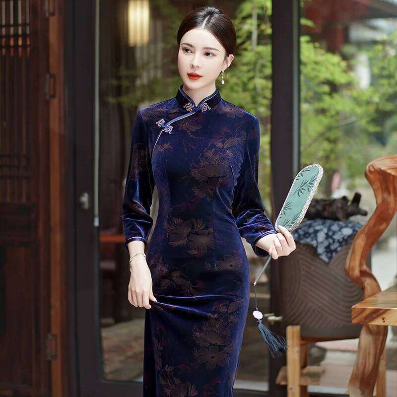 Women Flocking Cheongsam Improved Winter Plus Size Dress Chinese Style Evening Dresses Show Long Qipao Costume 4 Color