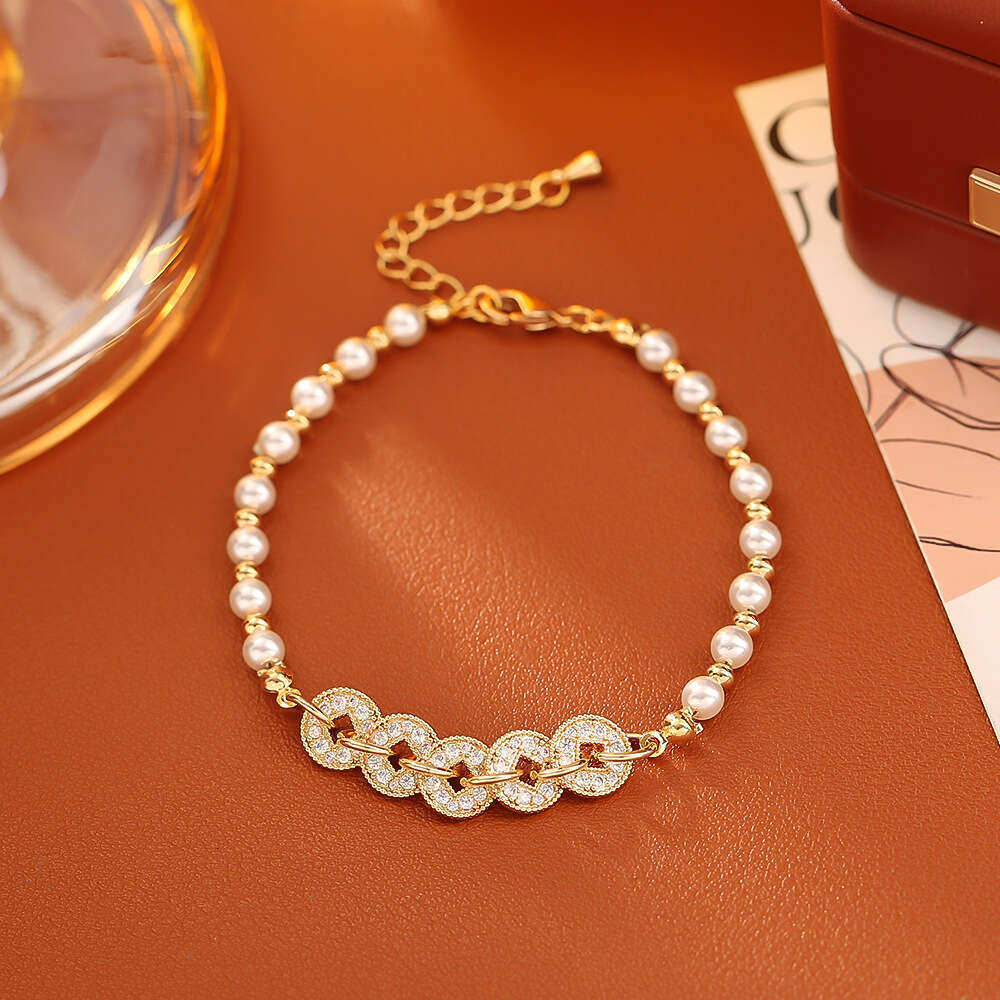 Hot-Selling Five Emperors Coin Zircon Pearl High-End Fashion Lucky Money String Hand Jewelry Trendy Ethnic Style Bracelet