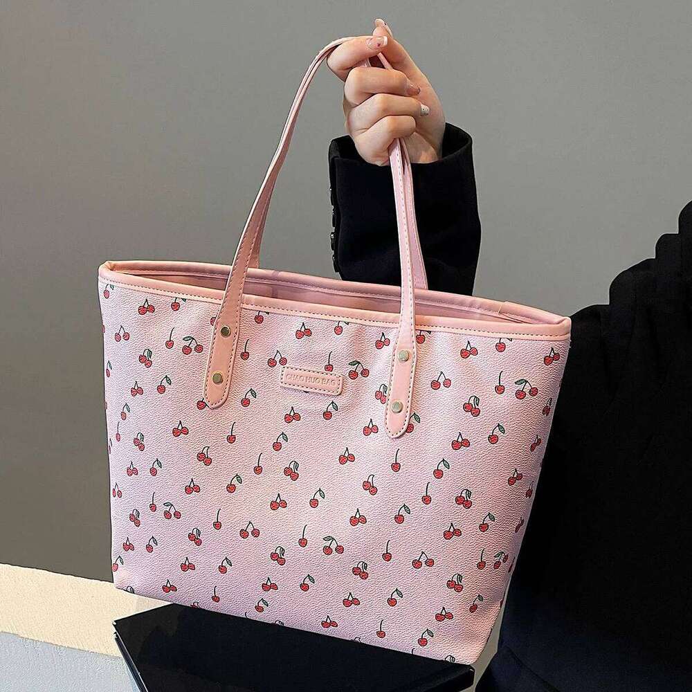 Cute and sweet cherry print tote bag niche fashion temperament elegant large capacity versatile shoulder bag, Z260130