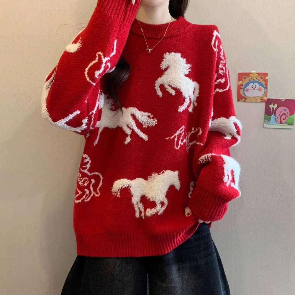 Couple red men s women birth year autumn and winter Chinese New Year Horse thickened knitted sweater jacket luanyun