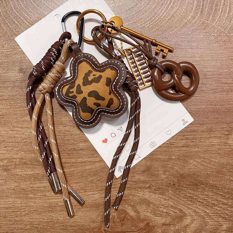 Matte Leopard Print Flower Bag Hanging Exquisite DIY Braided Rope Car Keychain Key Chains for Women Z260130