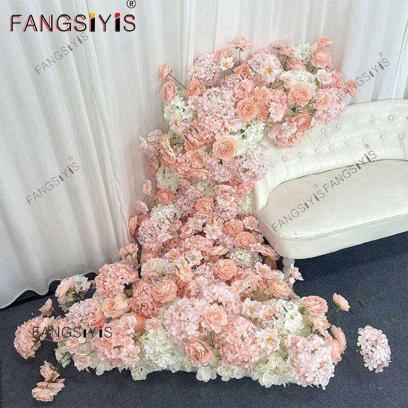 Romantic pink White Rose Hydrangea Sofa Table Runner Wedding Backdrop Arch Decoration Flower Row Arrangement Event Props W260130